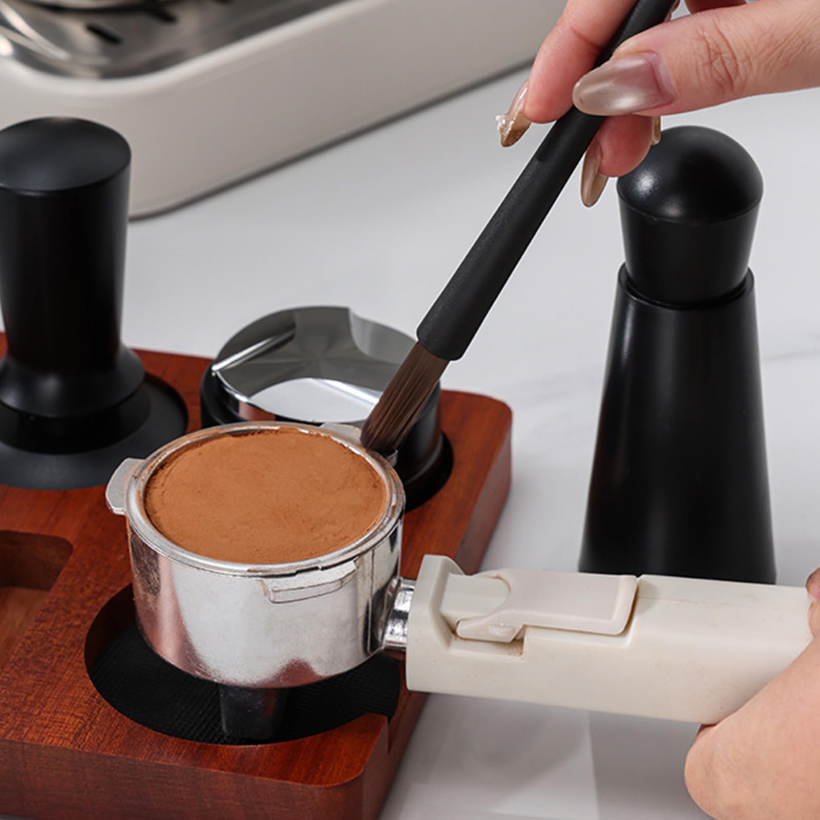 Kit de accesorios para espresso 7 piezas, juego de manipulación de café de 51 mm/58 mm con herramienta WDTde manipulación de café, embudo dosificador, cepillo de pantalla, estación de apisonamiento