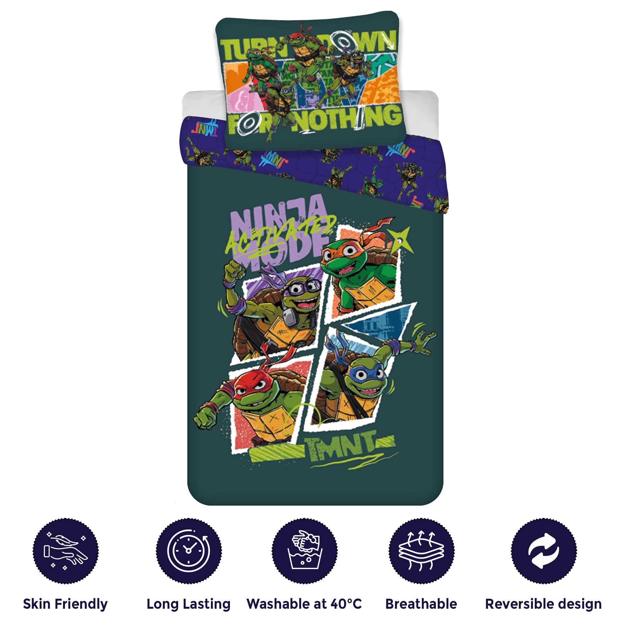 BrandMac TMNT - Set di biancheria da letto per bambini, reversibile, 100 x 135 cm, con federa 40 x 60 cm, 100% cotone, motivo tartarughe ninja per bambini