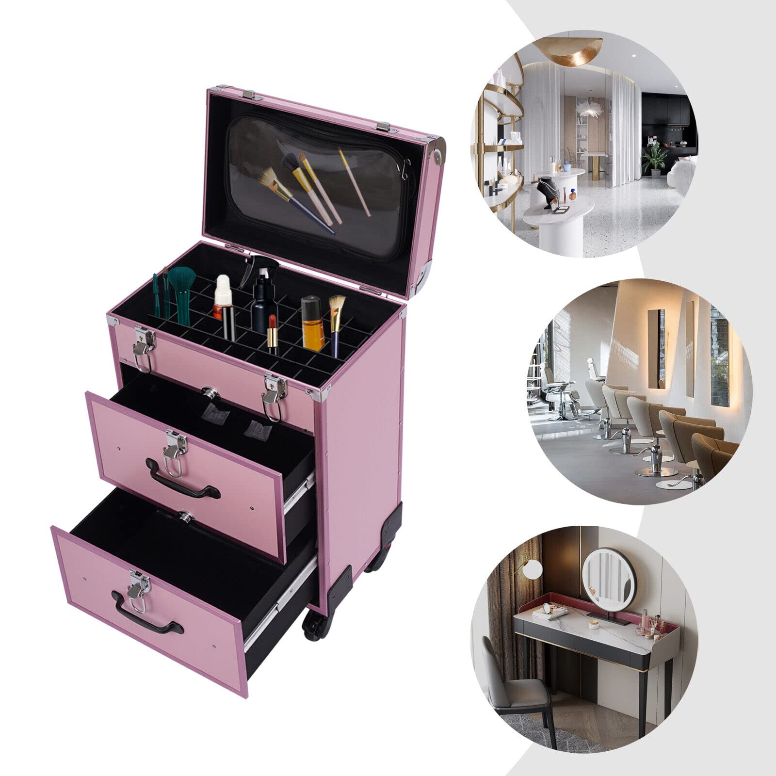 Toeletta da trucco, grande trolley cosmetico con serrature, trousse con divisori, organizer per cosmetici da viaggio, rosa., Tavolo da toeletta Rollender