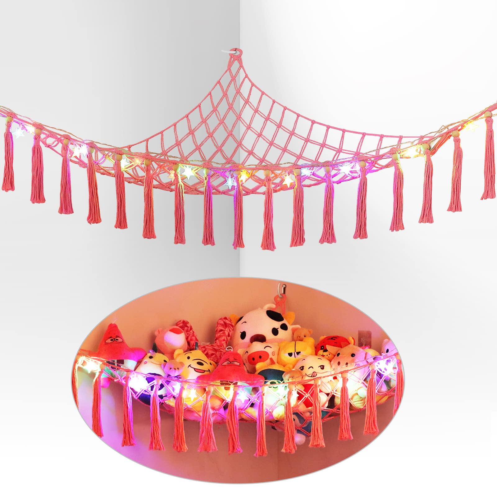 Stuffed Animal Storage Net or Hammock with Led Light,Handmade Boho Plushie Toy Wall Hanging Net for Stuffed Animals,Nursery Furniture Toy Organizer for Kids Toddler Boy Girl Room Decor.
