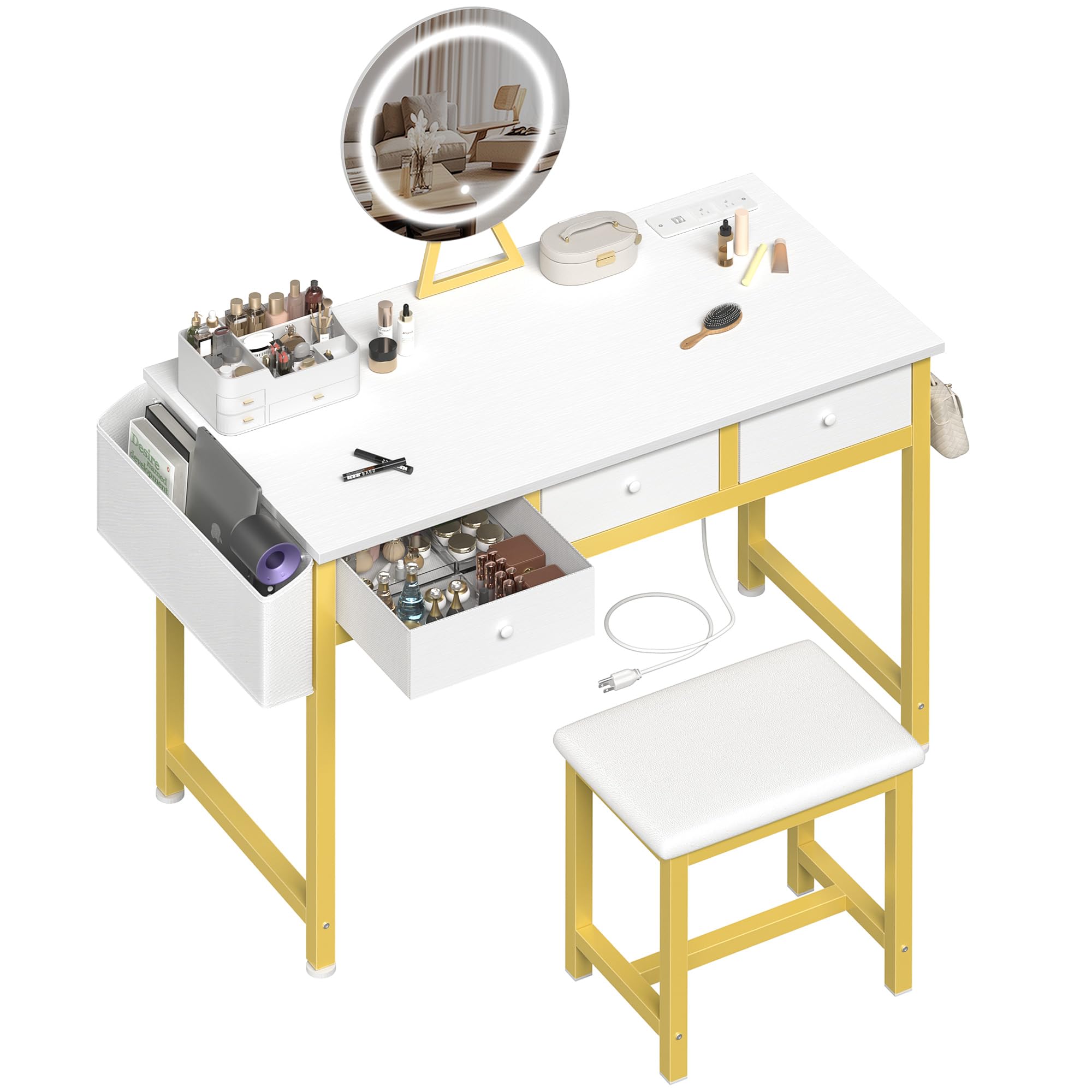 White Makeup Vanity Desk with Lights - 40“ Vanitys with Lighted Mirror, Fabric Drawers & Power Outlet, Dressing Table Vanities Chair Set for Girls Bedroom, Gold