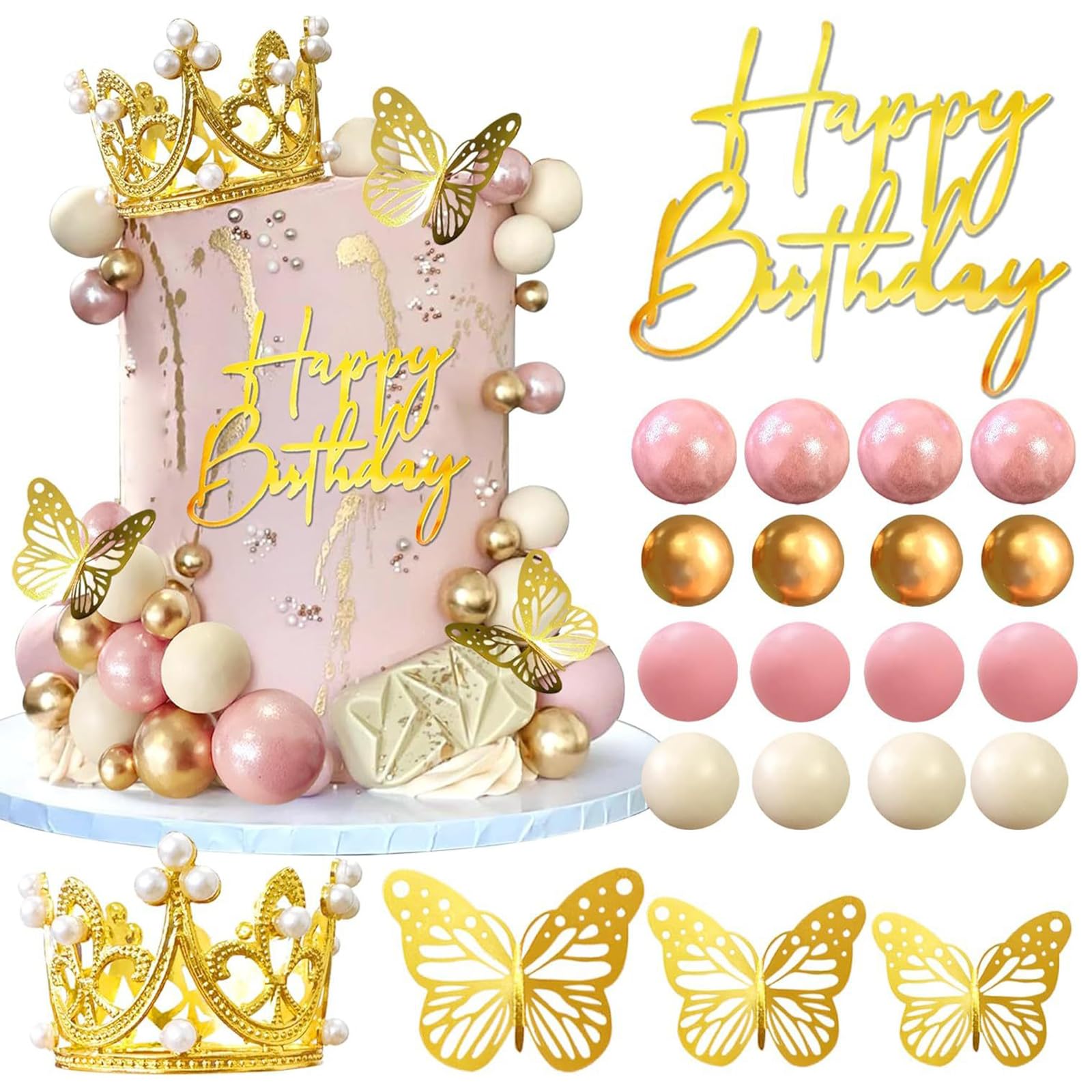 39Pcs Crown Cake Topper Set, Gold Crown & Butterfly Cake Decorations, Happy Birthday Cake Topper for Women Princess, Tiara Cake Topper Perfect for Birthday Wedding Party Cake Decor (Pink)
