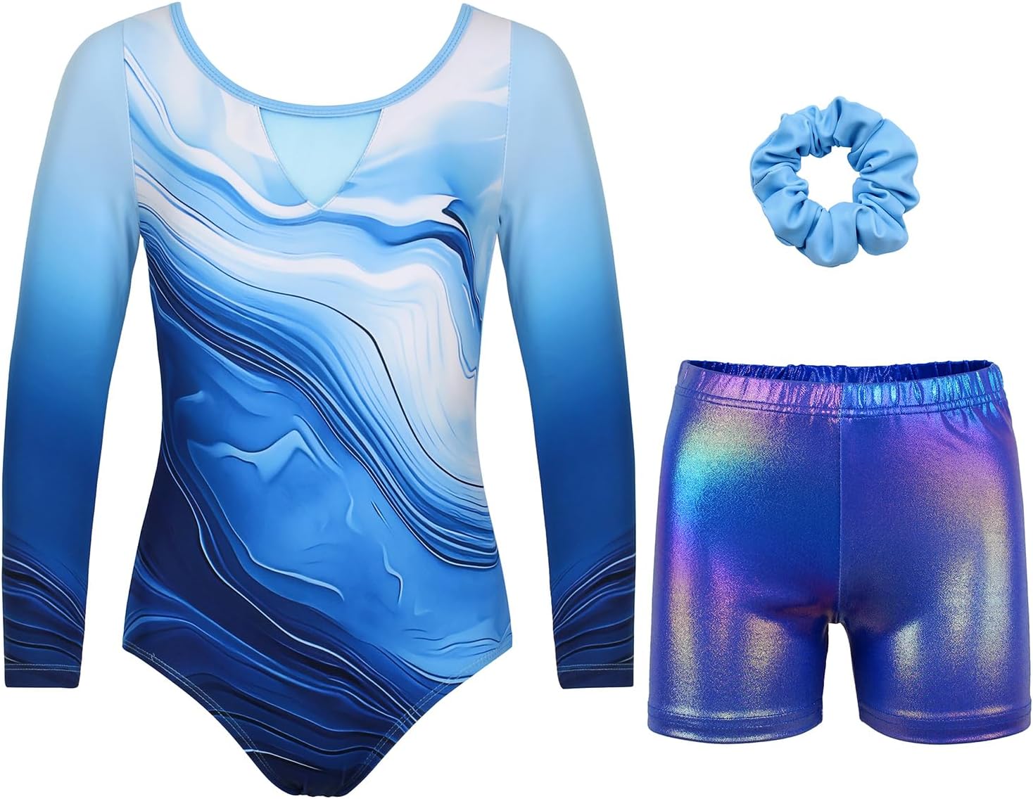 Gymnastics Leotards for Girls With Shorts Sparkly Ballet Dance Long Printed Sleeve Outfit