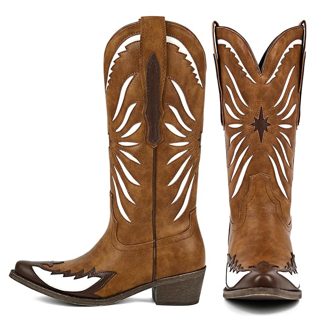 KISTANIA Cowboy Boots for Women Mid Calf Knee High Western Cowgirl Boots Pointed Toe