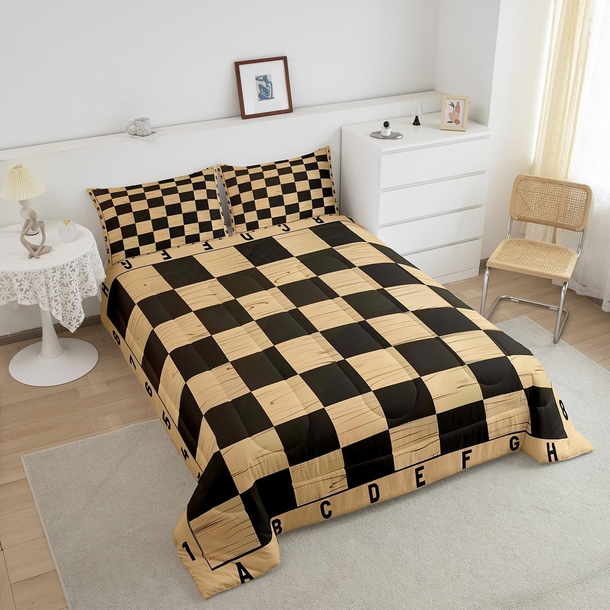 Manfei Geometric Grids Comforter Set King Size,Retro International Chess Chic Sport Game Bedding Set for Adults Room,Brown Wooden Print Checkerboard Plaids Grids Comforter,3 Pcs 2 Pillowcases