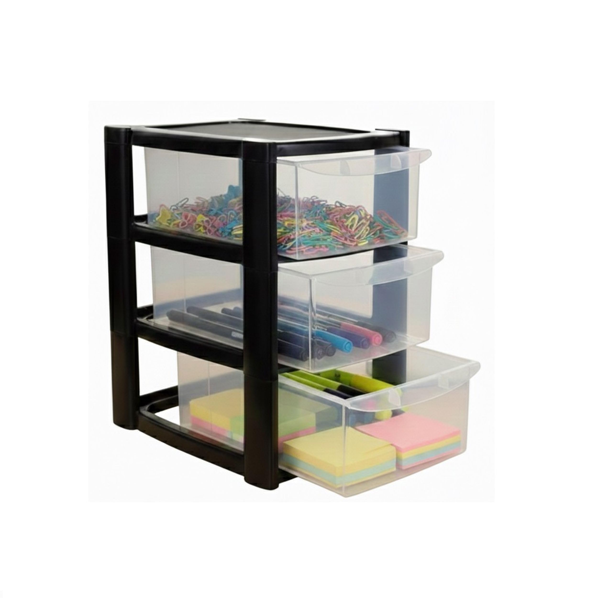 Small Black 3 Drawer Plastic Office Storage Unit - Desktop Stationery Organiser - 3 Tier Tower Storage Unit With Drawers - Storage For Home, Office, Toys, Crafts, Stationery, Cosmetics.