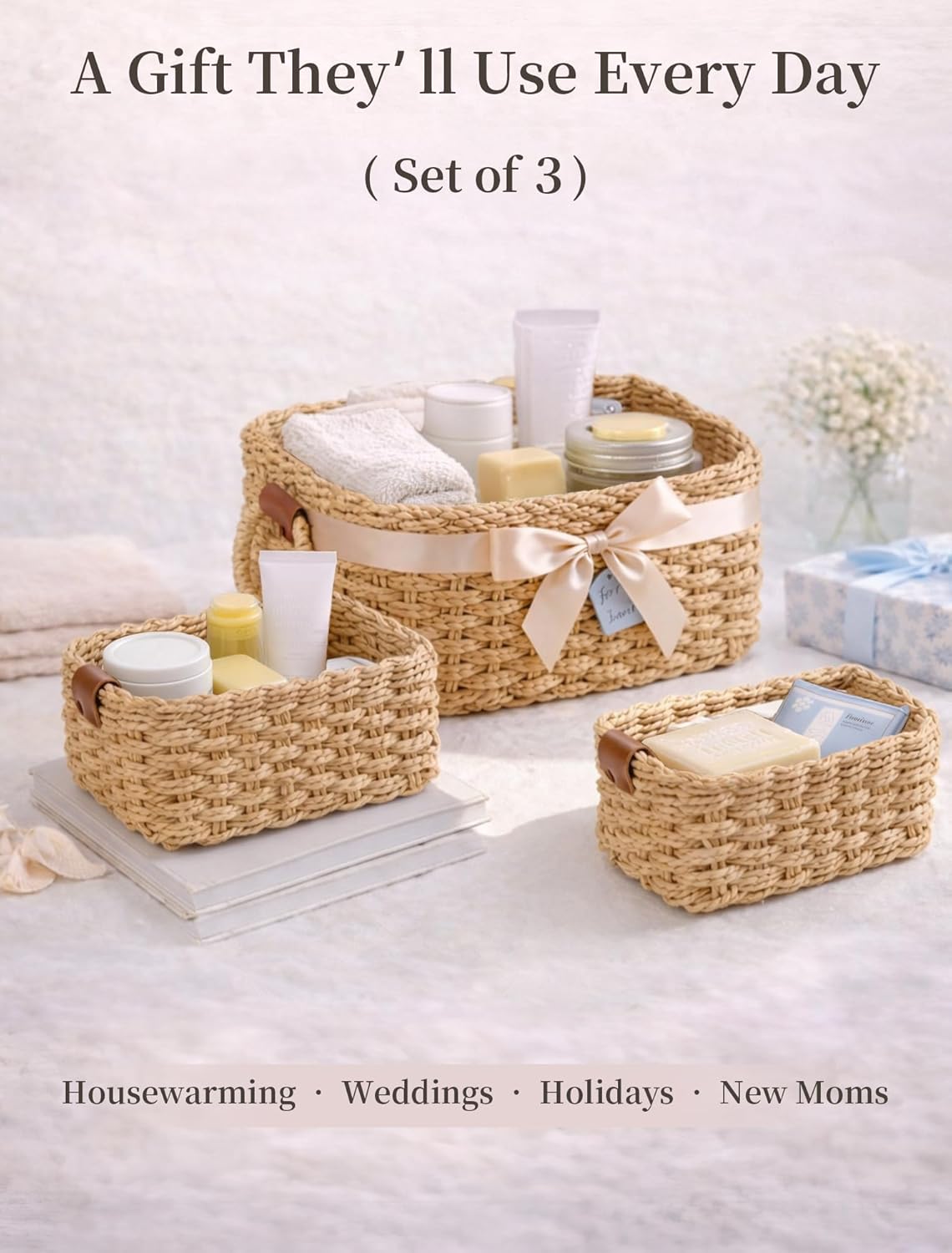 Storage Basket, Recycled Paper Rope Basket Organizer, 3Pcs Small Baskets for Organizing, Mini wicker Basket for Decorative Storage Bins, Shelves, Cabinet - Brown
