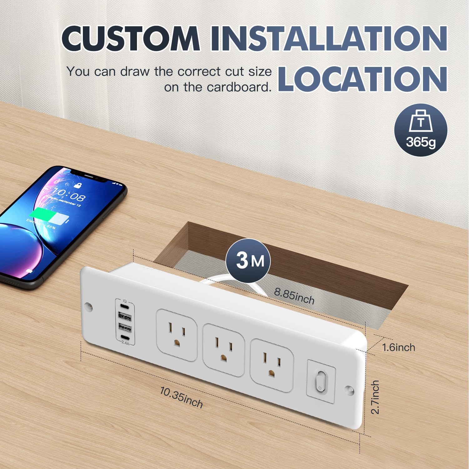 7 in 1 Recessed Power Strip Flat Plug Desk Outlet,3AC Outlets & 4 USB Ports,10FT Bold Extension Cord, Conference Recessed Fuse Surge Protected Power Strip for Home Office