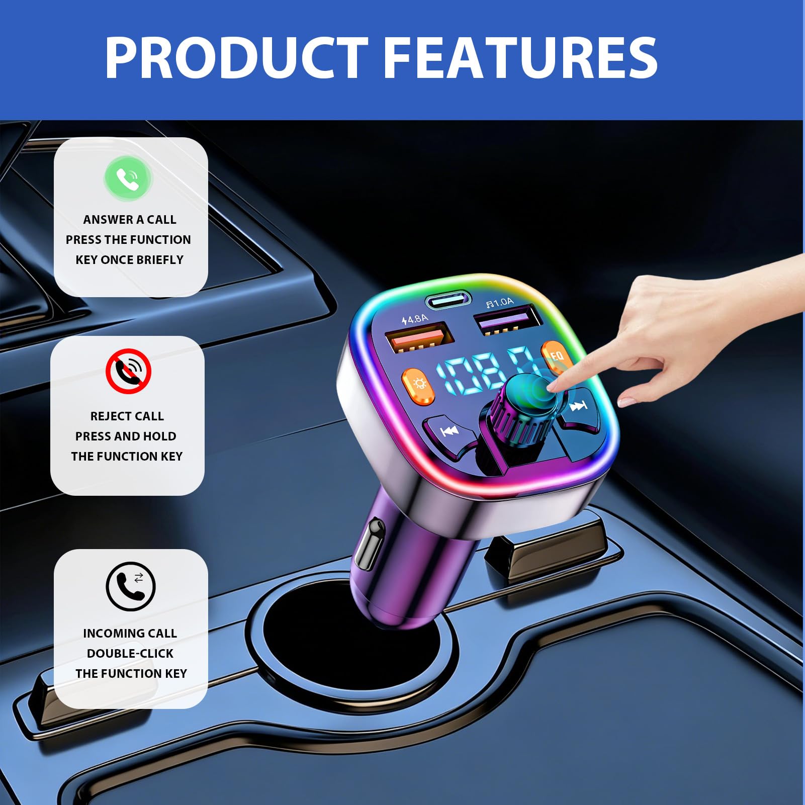 Bluetooth Car Adapter, Q5 FM Wireless Bluetooth Transmitter, PD20W Fast Charger, Dual USB Ports (4.8A & 1A), Hands-Free Calling, USB Flash Drive, for Phone & Android[Light Switch] — view 3