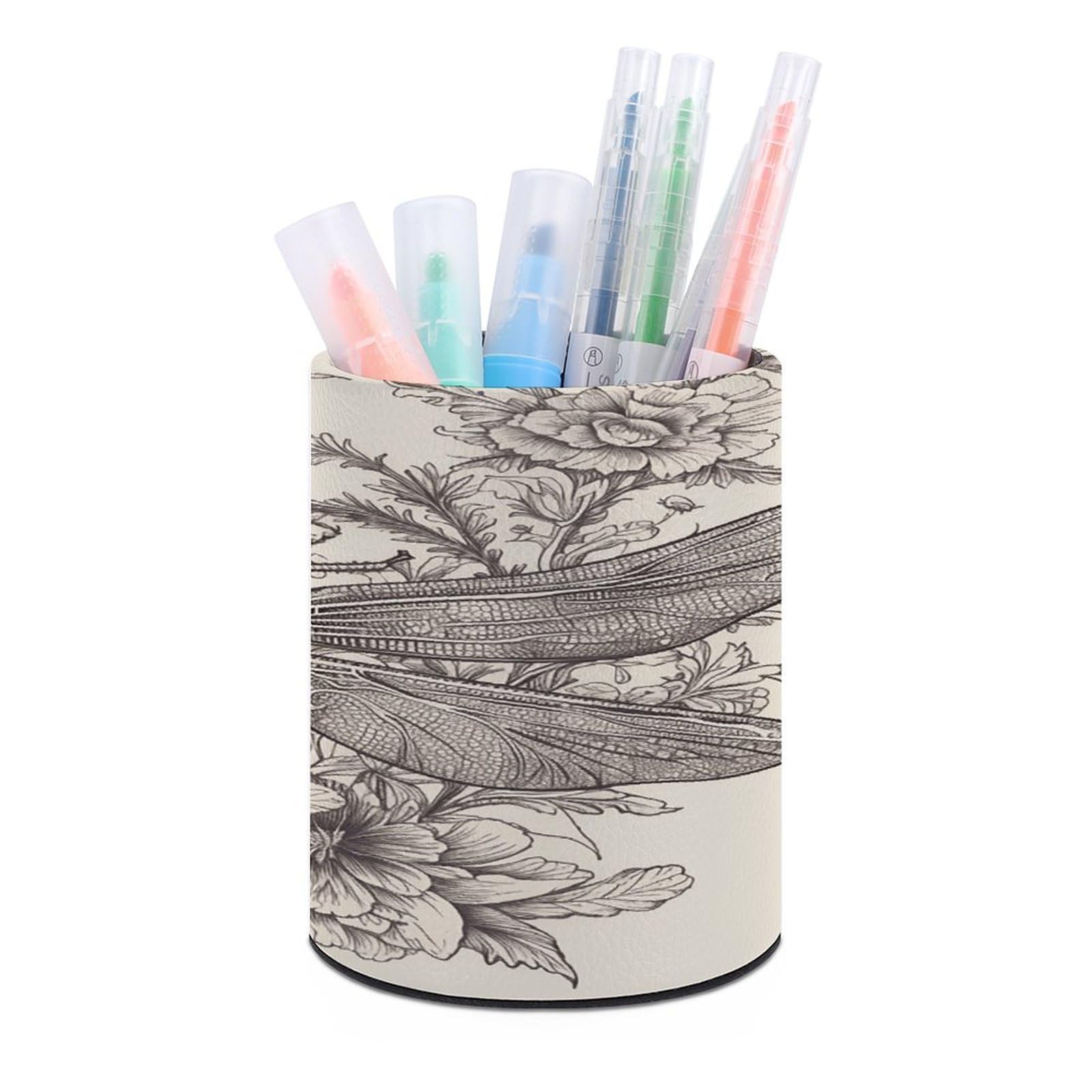 VstaDank Hand Drawn Floral Dragonfly Pen Holder PU Leather Pencil Cup Minimalist Desk Pencil Holder Round Make Up Brush Organizers For Office Dorm Room&Vanity Desk Accessories