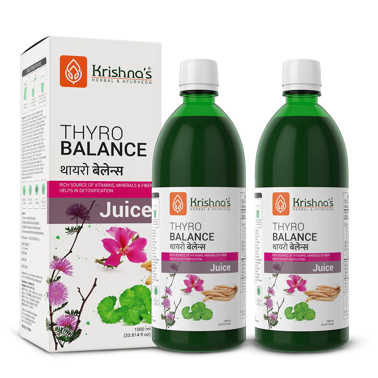 KRISHNA'S HERBAL & AYURVEDA Thyro Balance Juice - 1000 Ml| Blend of Natural Ayurvedic Formulation with Kanchnar Gugglu - Sugar Free| Rich In Vitamins, Minerals and Fiber - (Pack of 2)