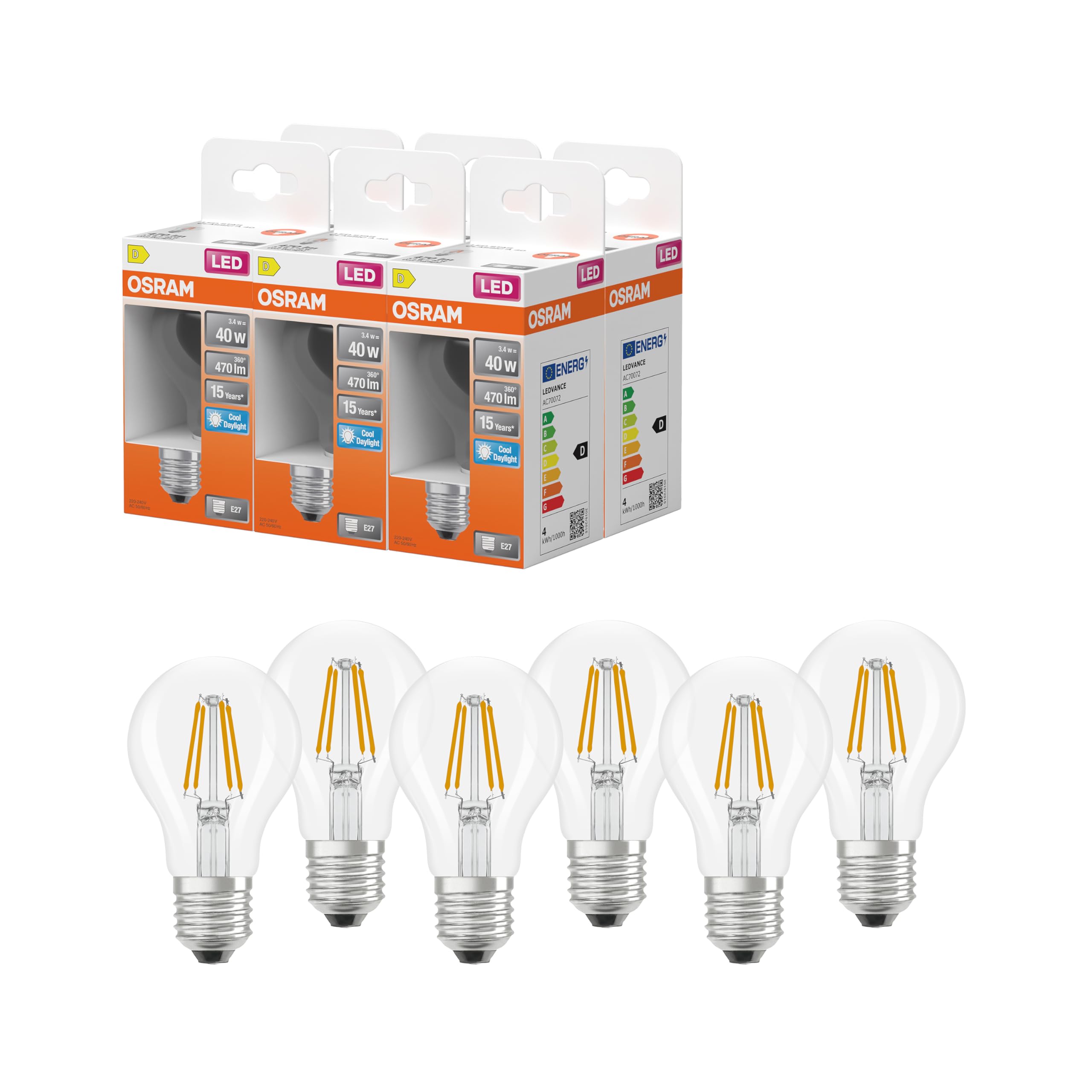 Osram LED-Lampe Star Kolbenform A40 Filament, 6500 K kaltweißes Tageslicht, 3,4 W, E27, klar, 470 lm, 15.000h, für Arbeitsplätze, Bürobeleuchtung