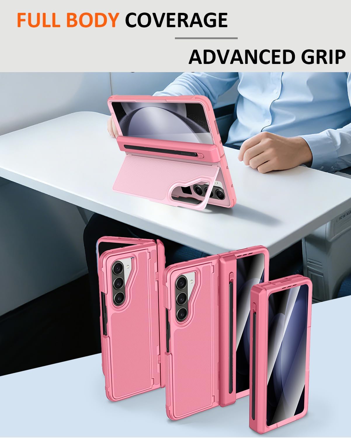 NINKI Stylus for Samsung Galaxy Z Fold 5 Case with Slim S Pen Holder and Hidden Kickstand, Hinge Screen Protector Phone Cover for Samsung Z Fold5 Case with S Pen Slot & Stand Women – Two Tone Pink