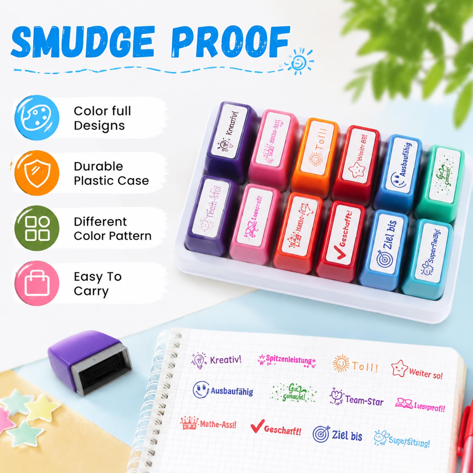 Set di 12 timbri motivazionali per insegnanti, per bambini, scuola e scuola domestica, timbri colorati per insegnanti e insegnanti