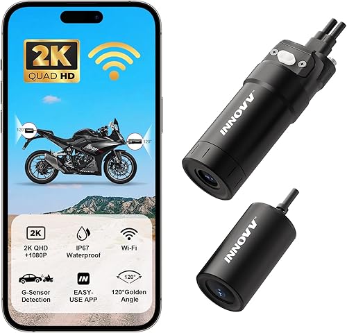 INNOVV K6 - Cámara de salpicadero de motocicleta de doble canal QHD 2K+1080P, IP67 impermeable Mini Motocam con Wi-Fi, ángel dorado de 120,