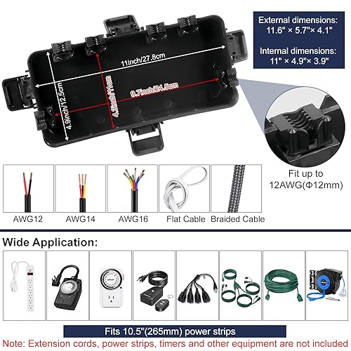 Miniatura 5 de Caja eléctrica mediana para exteriores (11.6 x 5.7 x 4.1 pulgadas), cubierta de cable de extensión impermeable IP54 con entrada de 6 cables, caja de