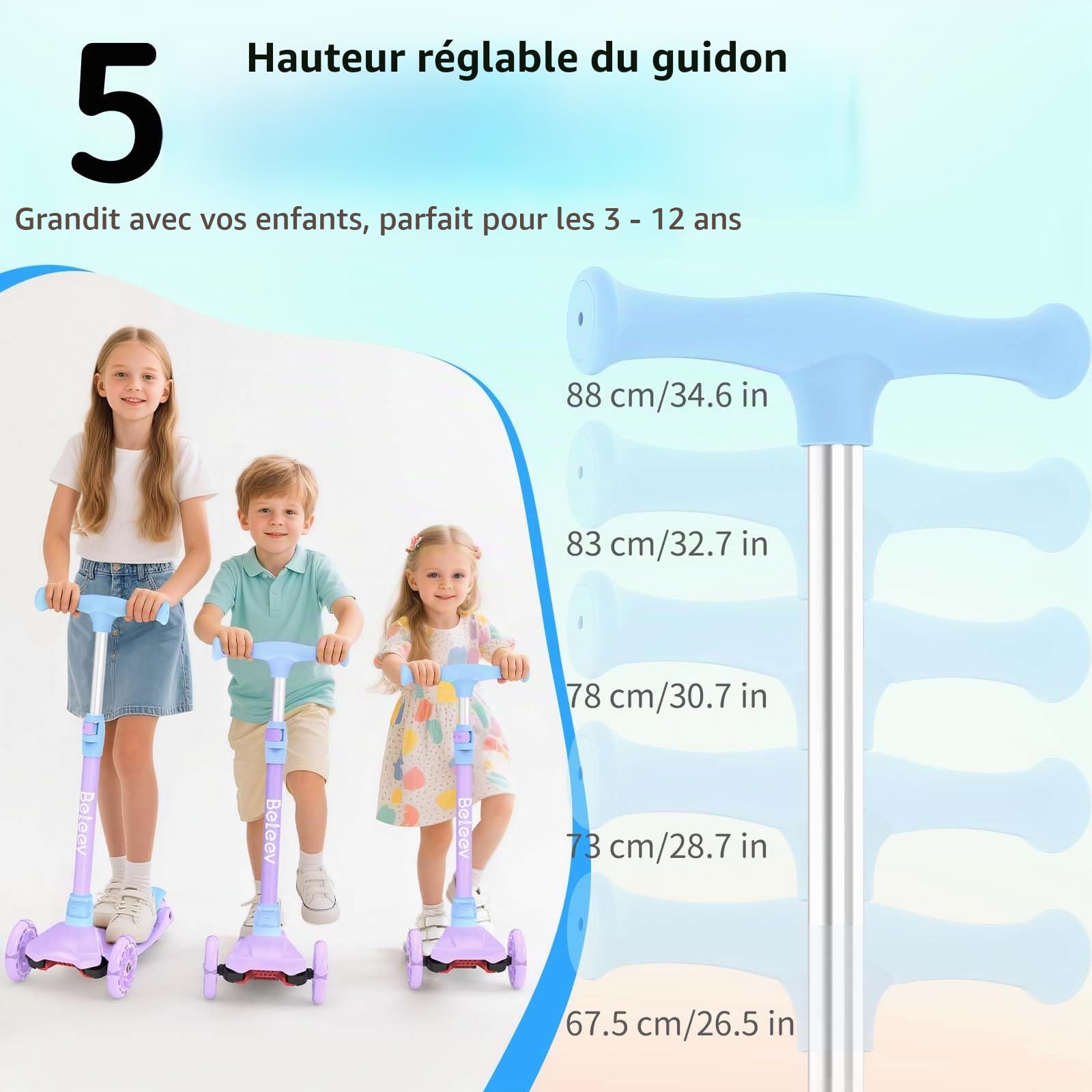 BELEEV A3 Trottinette Enfants 3 Ans, 4 Guidon Réglable en Hauteur | Roues Lumineuses en PU, Scooter à 3 Roues Deck Extra-Large et Antidérapant Trotinette pour Enfant de 3-12 Ans Fille Garçon