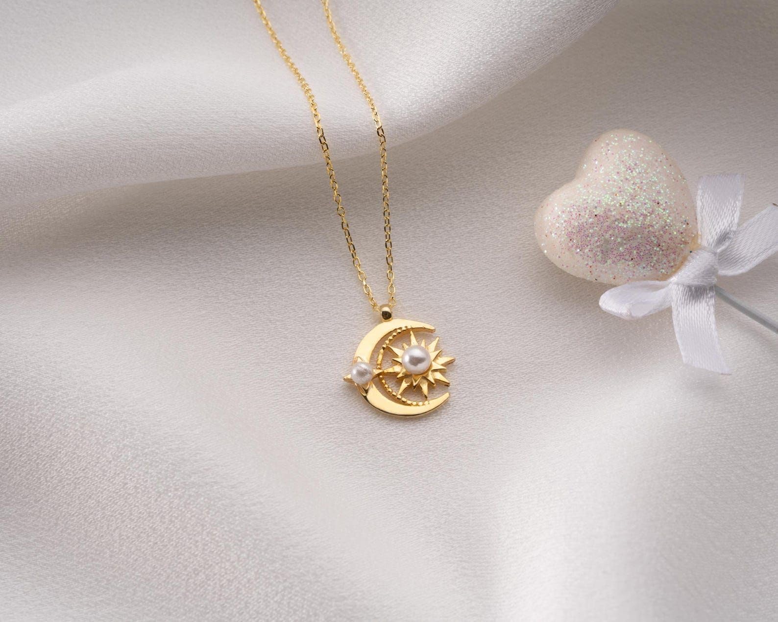 Sole luna collana argento sterling con perla Festa della Mamma Natale anniversario compleanno