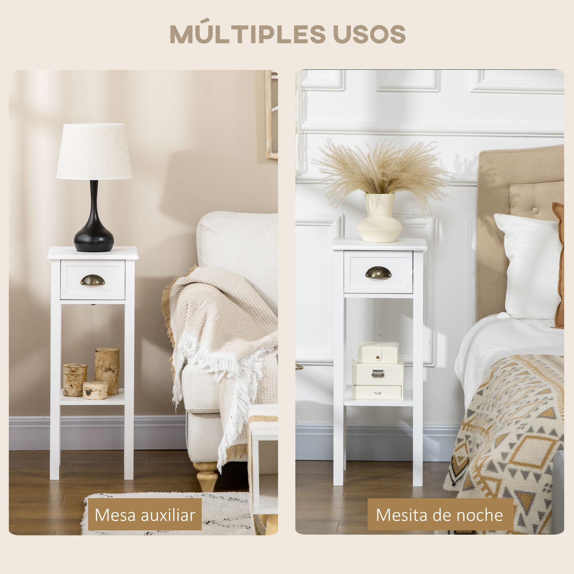 HOMCOM Conjunto de 2 Mesas Auxiliares Mesitas de Noche con Cajón y Estante de Almacenamiento Estilo Moderno para Salón Dormitorio 30x30x75 cm Blanco