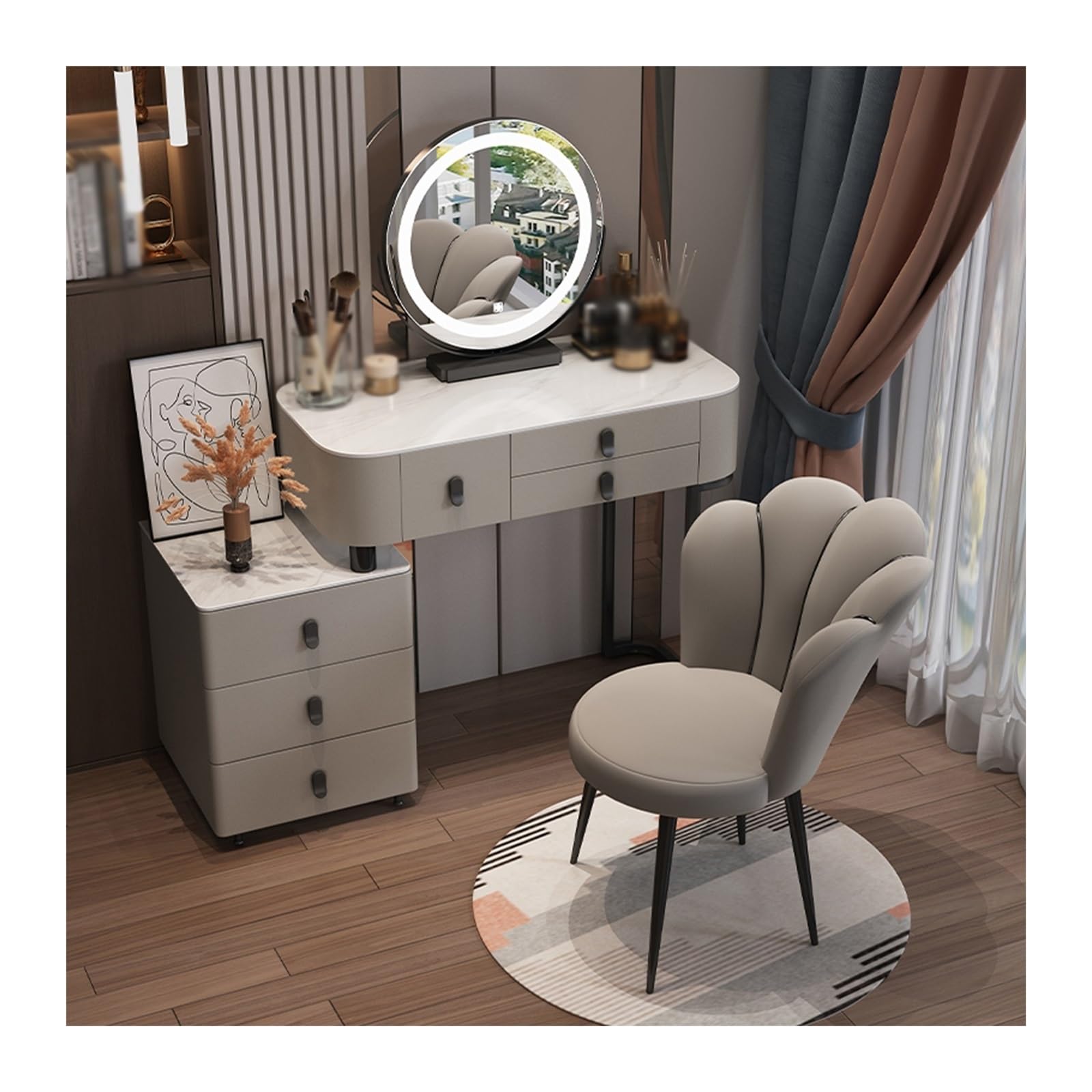 CGCSYZ Vanity Desk Modern White Vanity Table, Vanity Desk with LED Mirror and Bedside Table, Dressing Table for Girls and Women Makeup Dressing Table (Grey Back Chair 120cm)