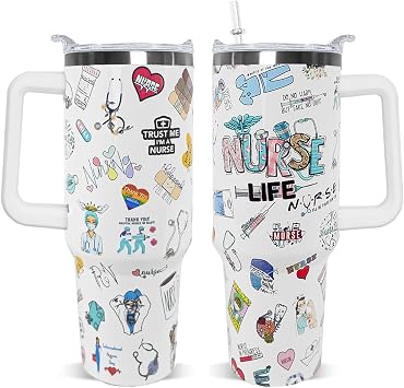 Nurse Tumbler 40 oz with Handle and Straw Leakproof Insulated Stainless Steel Coffee Travel Mug "Nurse Life" Gifts for Nurses Week, Graduation, RN, LPN & Nursing Students - Appreciation Cup for Women