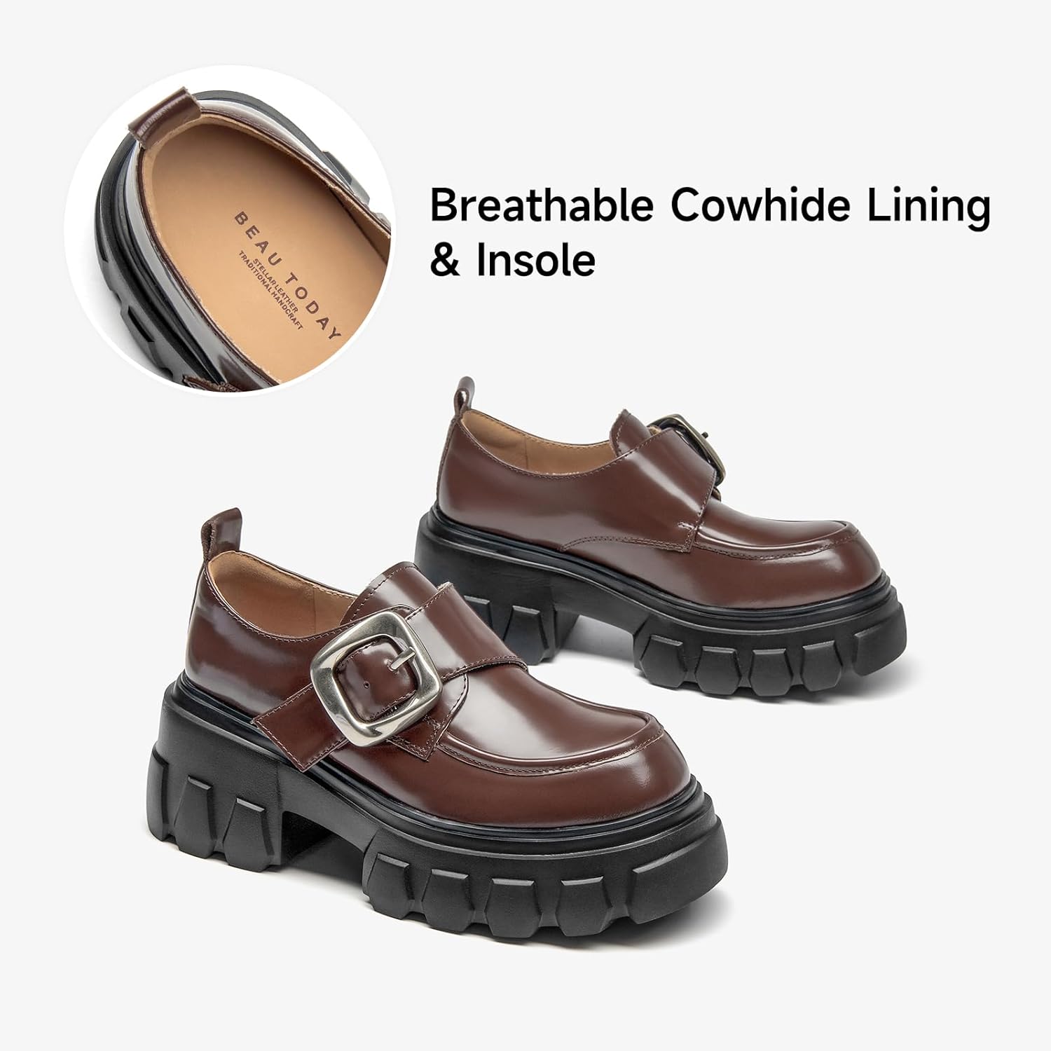 BEAU TODAY Platform Leather Loafers for Women, Chunky Lug Sole Loafers Women, Comfortable Slip-on Business Casual Non-Slip Round Toe Office Ladies Dress Shoes - Image 5