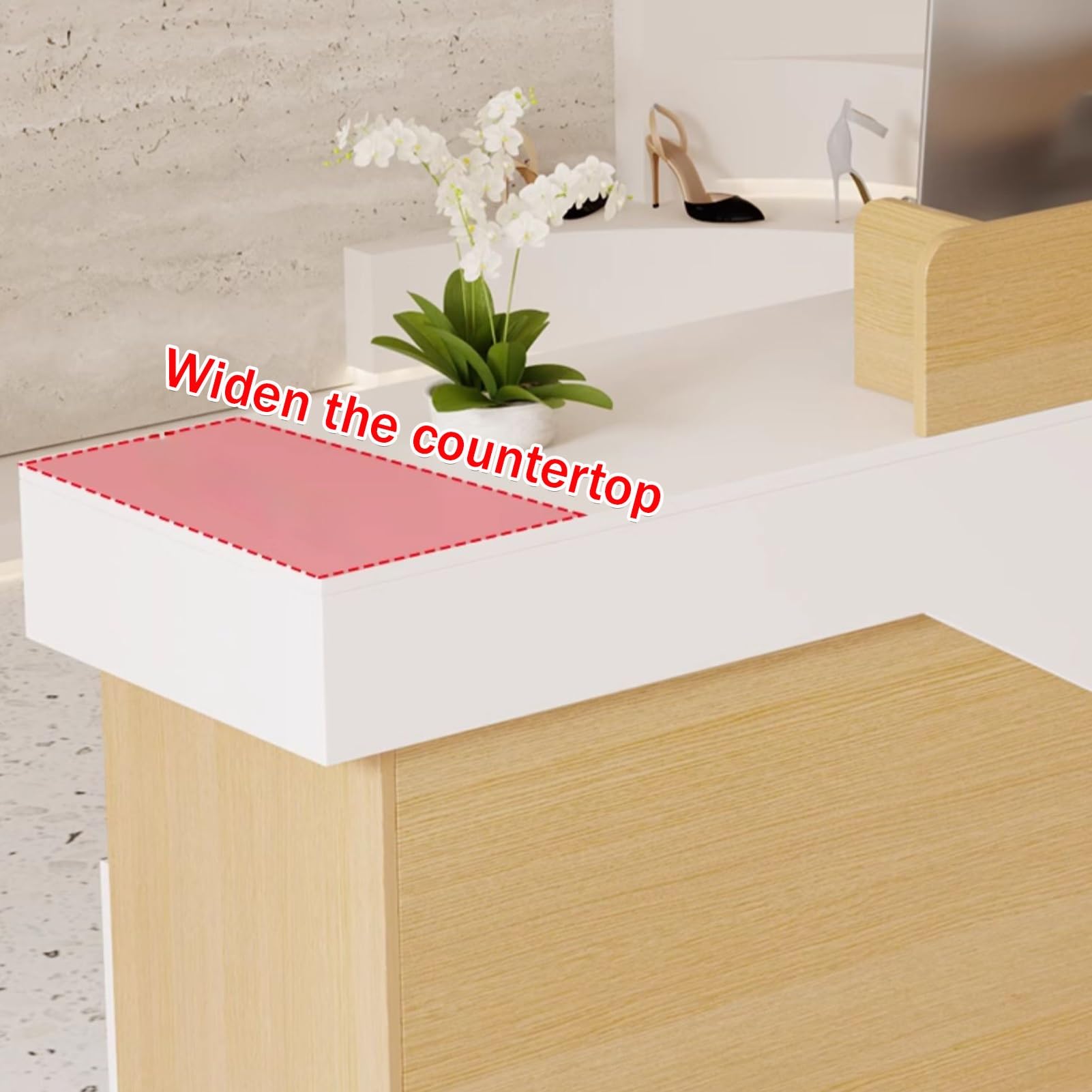 Generico Banco Cassa Moderno per Negozi con Vassoio e cassetto per Tastiera, Reception con vani portaoggetti Laterali, 120 cm, Finitura in Legno Naturale, Soluzione eleg
