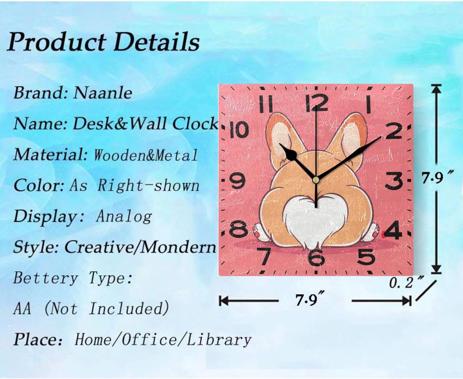Naanle Cute Cartoon Welsh Corgi Dog Butt Heart Square Wall Clock Decorative, 8 Inch Battery Operated Quartz Analog Quiet Desk Clock for Home,Office,School(Pink) image 3