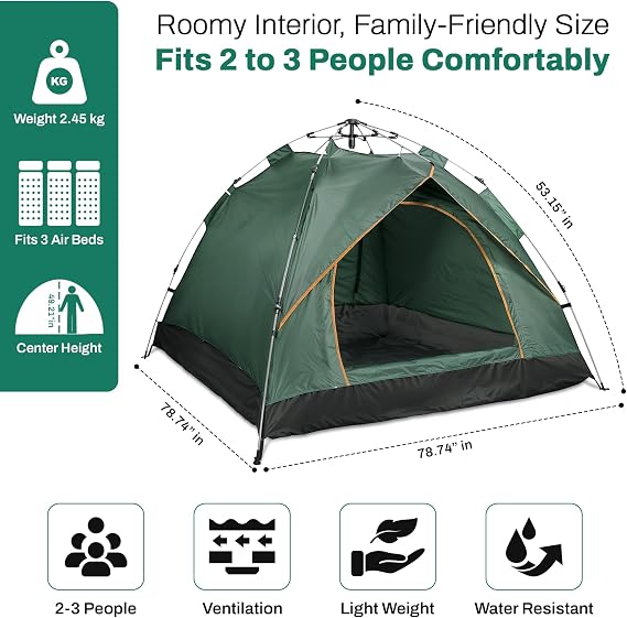 Qisan Hydraulic Dome Tent Automatic Camping Tents 3-4 Person Canopy with Carrying Bag Easy to Set up and Package for Outdoor Garden Backpacking Hiking