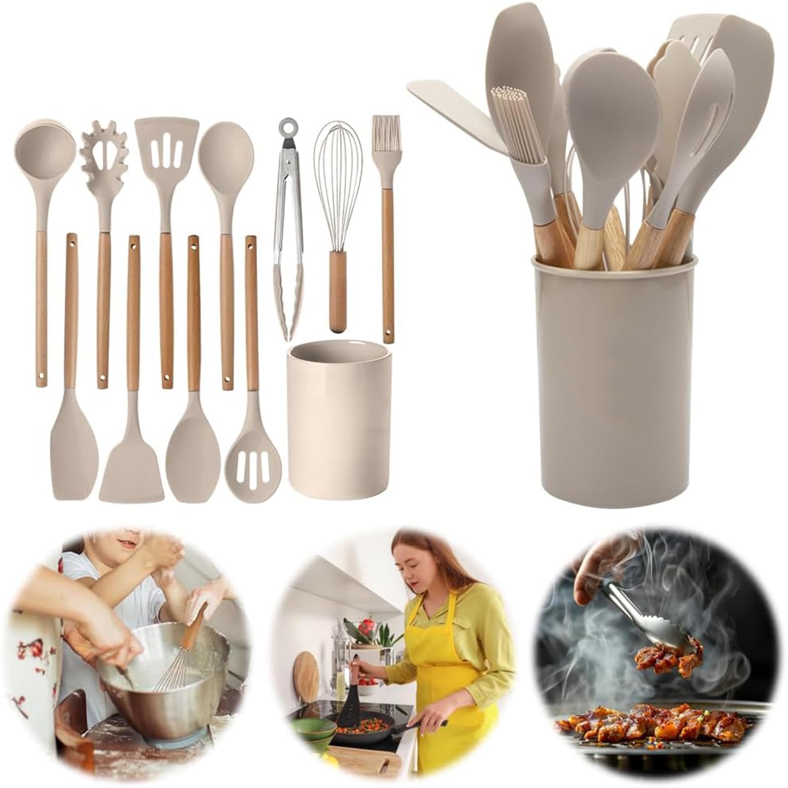 Set Di Utensili Da Cucina In Silicone 12 Pezzi Con Manici In Legno – Resistente Al Calore, Adatto A Pentole Antiaderenti, Include Spatole, Cucchiai, Pinze E Frusta (Verde Chiaro) - 3
