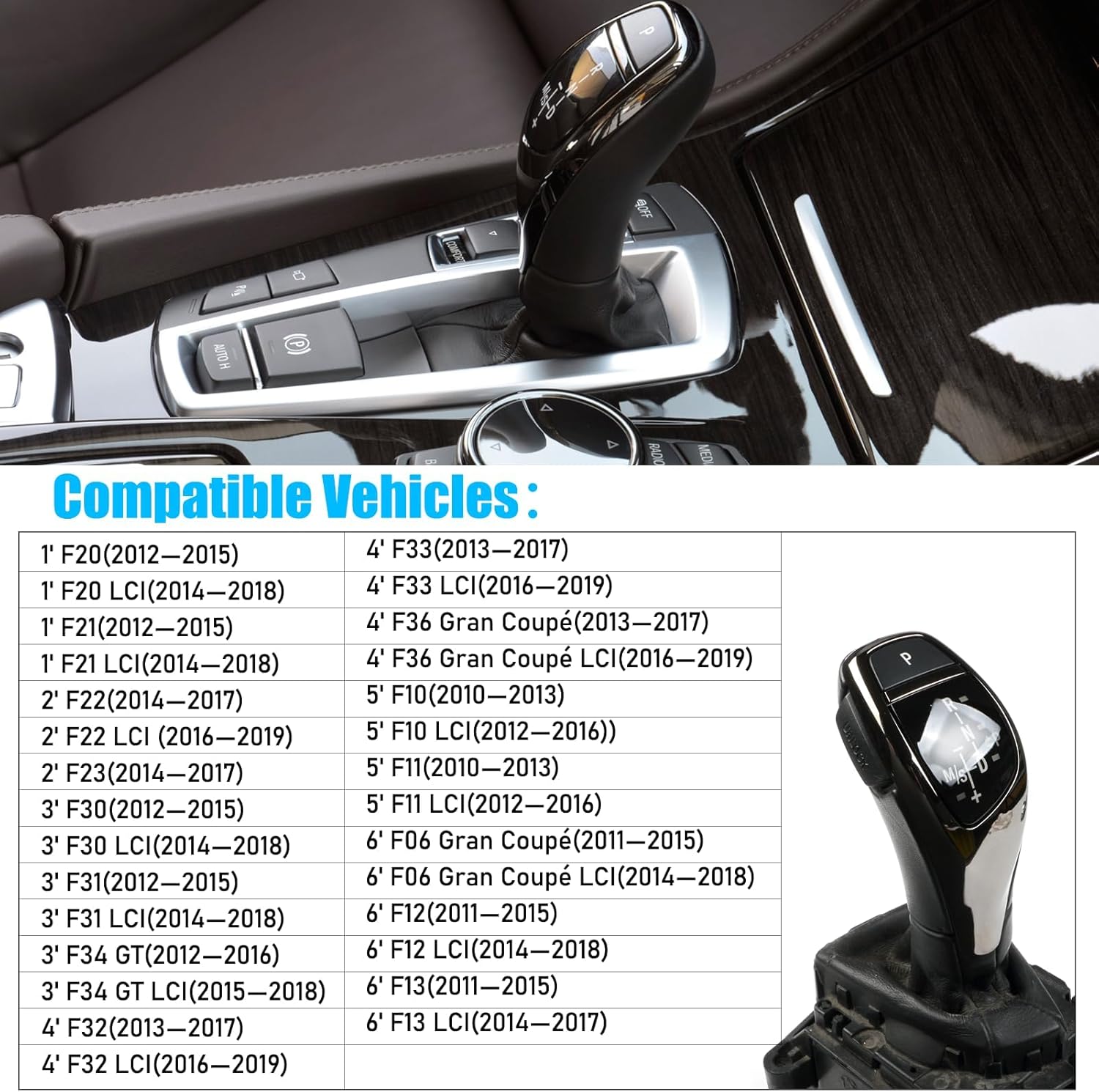 Jaronx Compatible with BMW Gear Shift Knob Cover Trim Replacement for 1'F20 F21/2'F22/3'F30 F31 F34/4'F32 F33/5'F10 F11/6'F06 F12 F13, Gear Shift Knob Panel Sticker for BMW 1 2 3 4 5 6 Series(Sport)