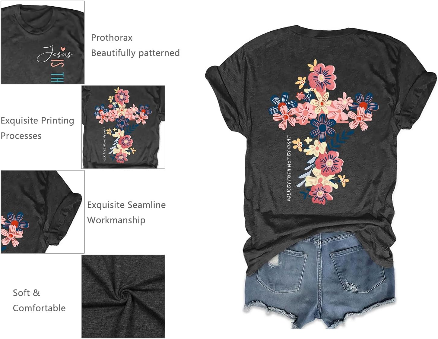 Christian Shirts for Women: Floral Christian Graphic Tees Bible Verse T Shirt Religious Short Sleeve Tops - Image 6