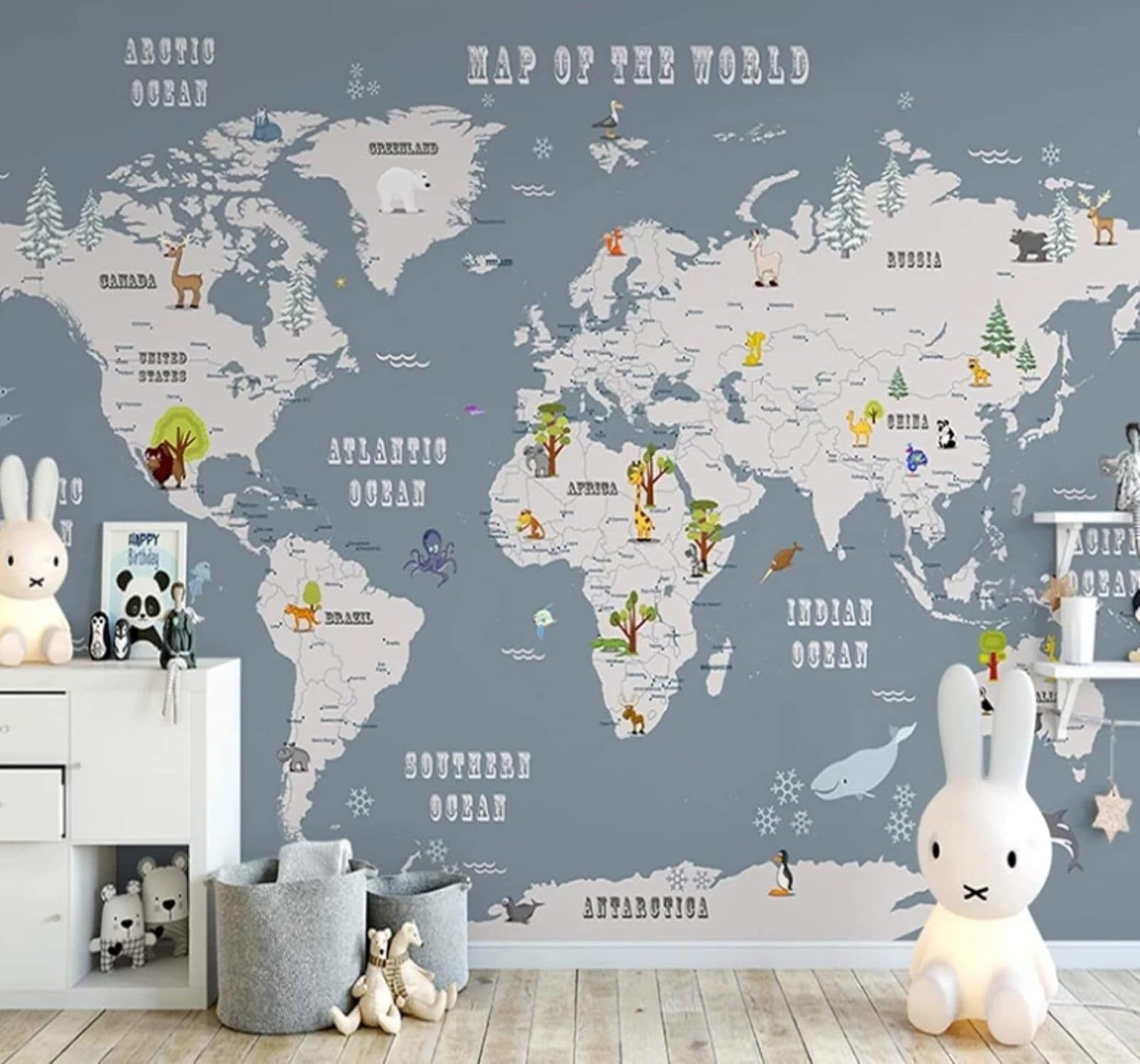 XLMING Cartoon Animals World Map Trees Art 3D Wallpaper Luxury Home Dining Decor Paste Sofa Living Room The Wall for Bedroom Mural-250cm×170cm