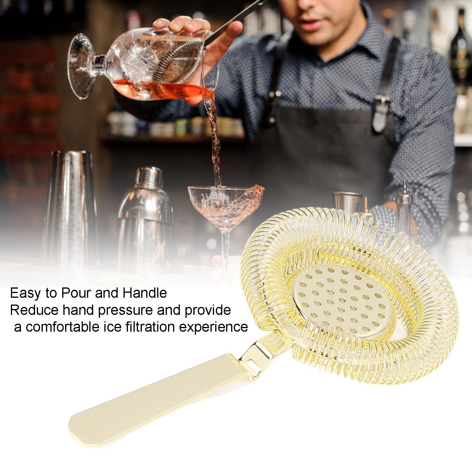 Cocktail Strainer, Bar Cocktail Strainer Stainless Steel Strainer For Bartending Fine Mesh Filtering Drink Strainer for Bartenders(Gold)