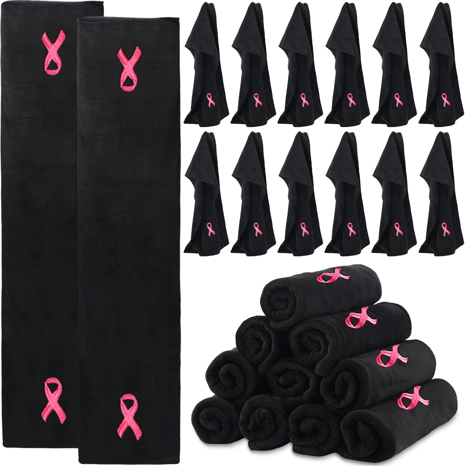 Hahafelt 12 Pcs Breast Cancer Awareness Accessories Bulk, Breast Cancer Awareness Towels 9.8 x 43.3 Inches Ribbon Sports Towels for Sweat Soft Fiber Gym Exercise Yoga Workout Supplies (Black)