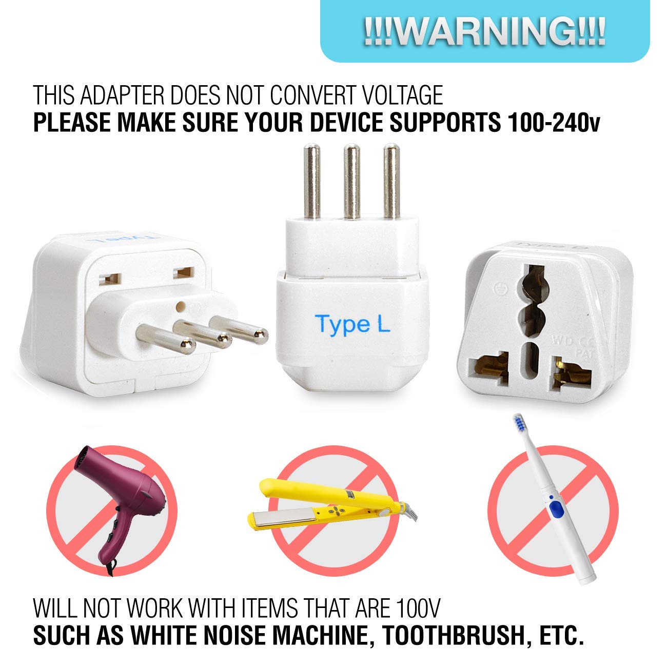 Ceptics Italy, Chile Universal Travel Plug Adapter (Type L) Perfect