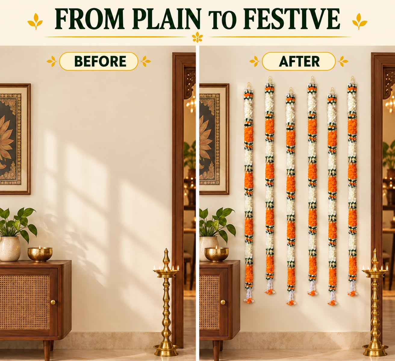 Artificial Flower Garlands - White Jasmine & Orange -9 Artificial Flower Garlands - White Jasmine & Orange -9