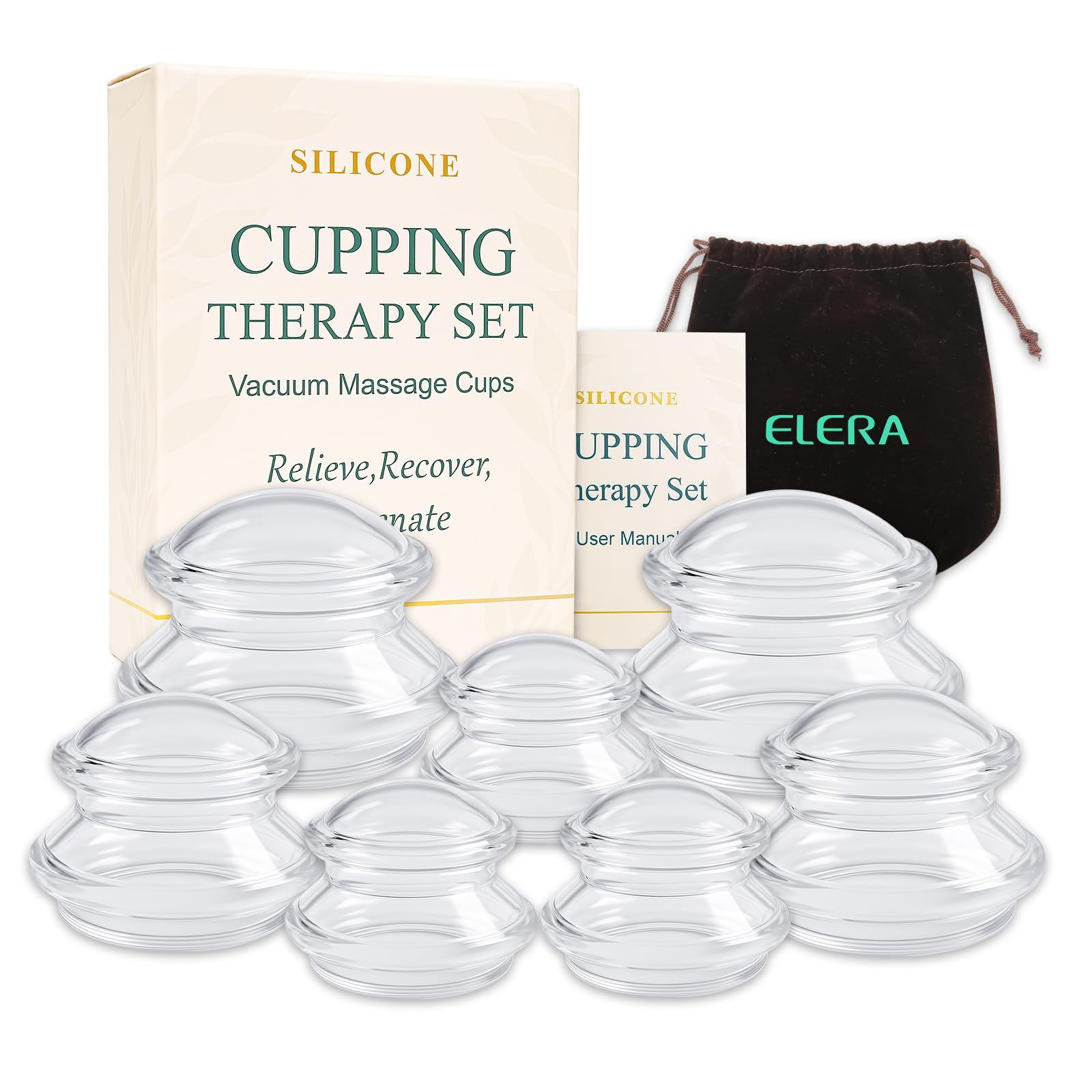 Silicone Massage Cupping Therapy Sets, ELERA Professional Chinese Massage Cups Tools for Joint Pain Relief, Massage Body (7 Cups)
