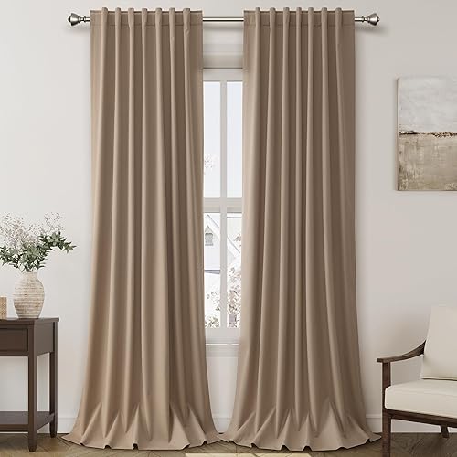 Full Blackout Linen Tan Curtains 90 Inches Long for Living Room Patio Sliding Door Back Tab 100% Black Out Bedroom Curtains Boho Elegant Modern Window Curtain Panels Set of 2 52x90 Inch