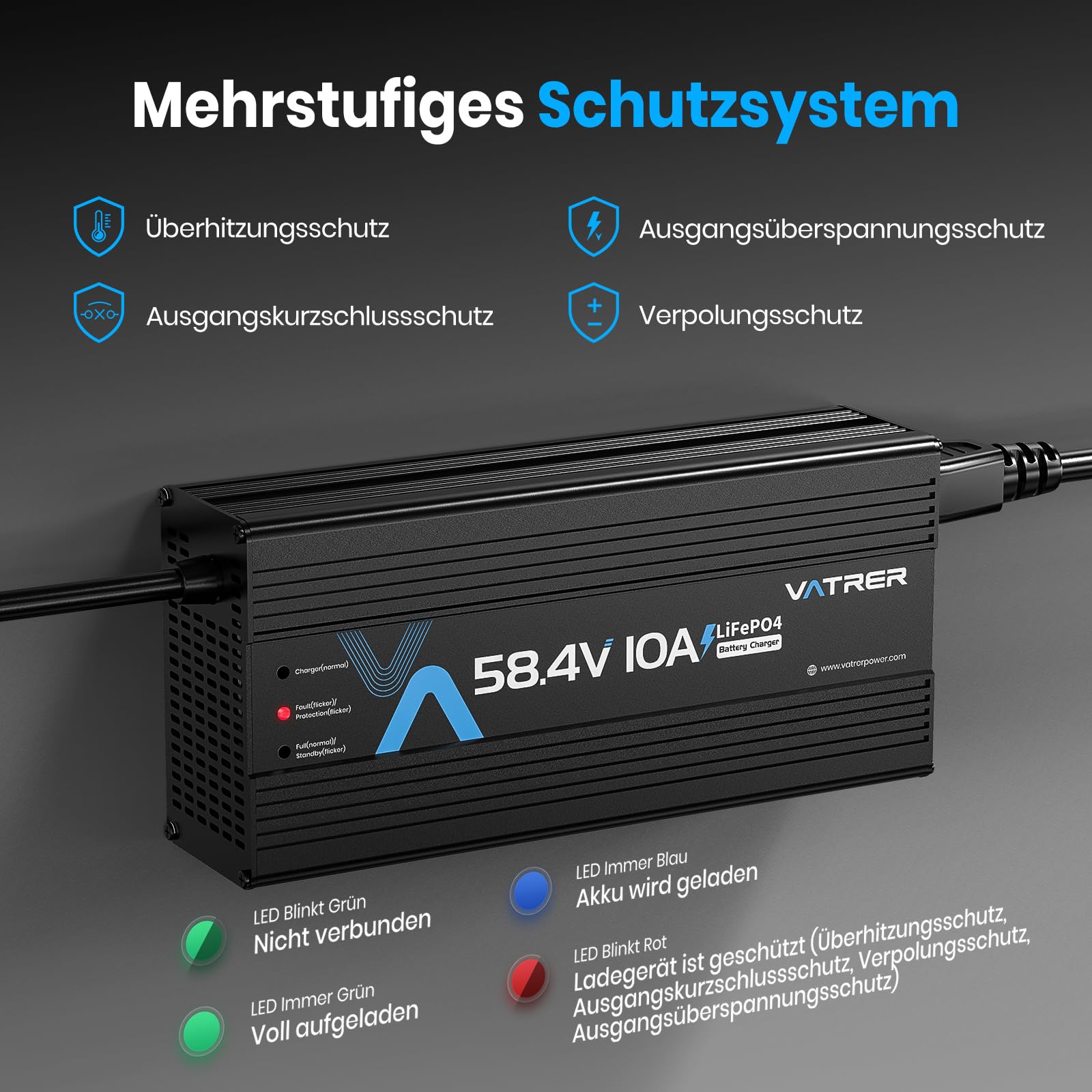 VATRER POWER 58,4V 10A LiFePO4 Ladegerät für 51,2V/48V Batterien