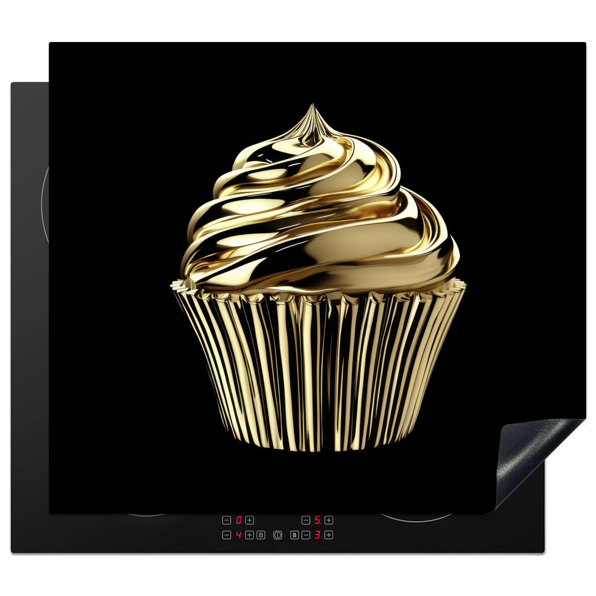 KitchenYeah© Induction Hob Protector Mat 20.1"x23.2" / 59x51 cm Cooker Top Protectors Cover Ceramic Covers Electric Hobs Vinyl Cupcake - Food - Gold - Black