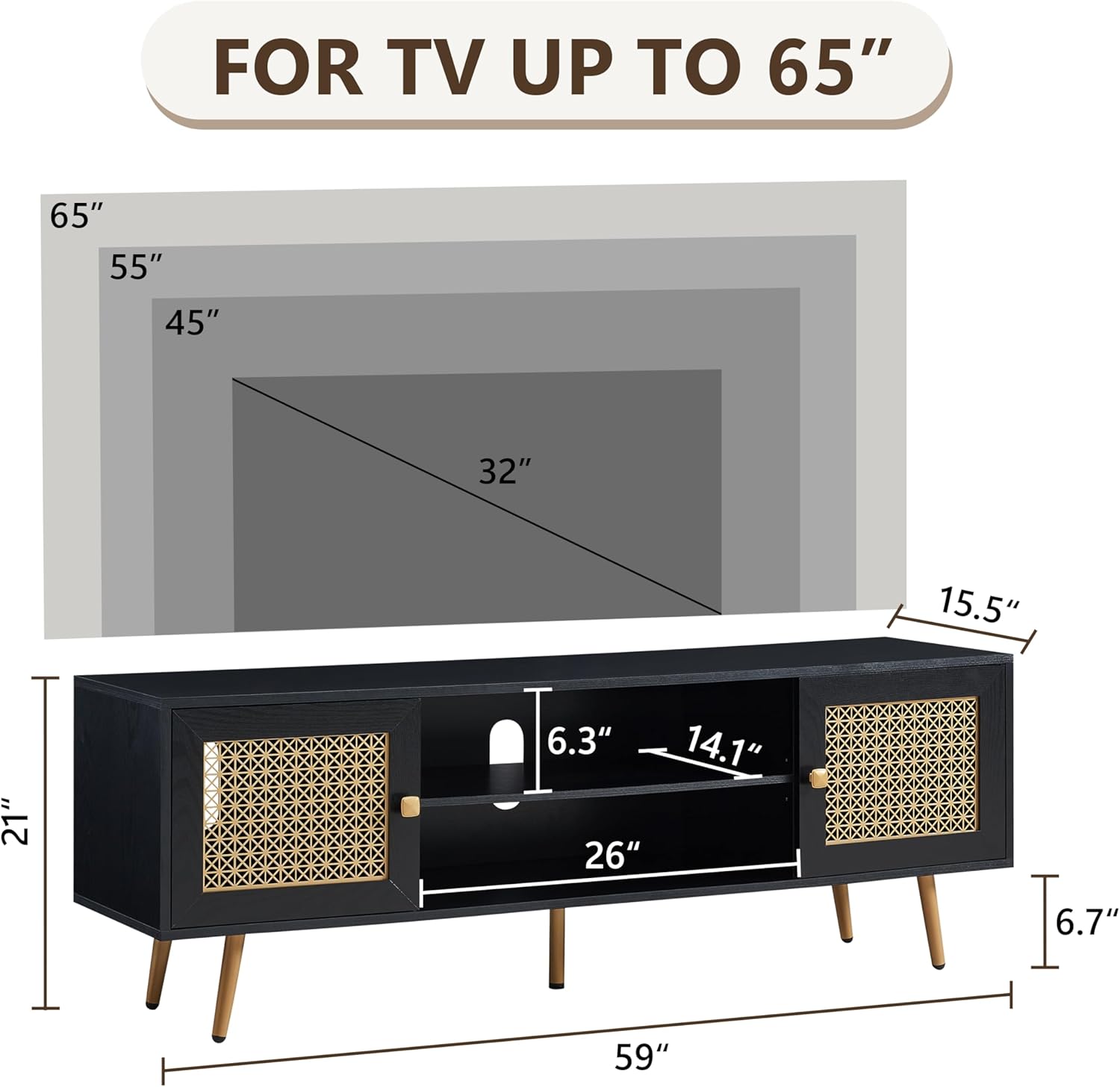 EDYO LIVING 65" Mid Century Modern Black TV Stand with Metal Decoration, Wood Storage TV Cabinet and Open Shelf Entertainment Center, TV Media Console Table for Living Room