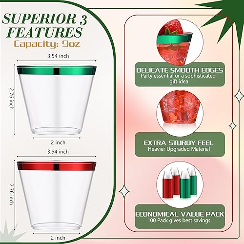Miniatura 2 de Zhehao 100 vasos de plástico con borde de 9 onzas, copas de vino transparentes desechables resistentes para bodas, cumpleaños, vacaciones, fiestas,