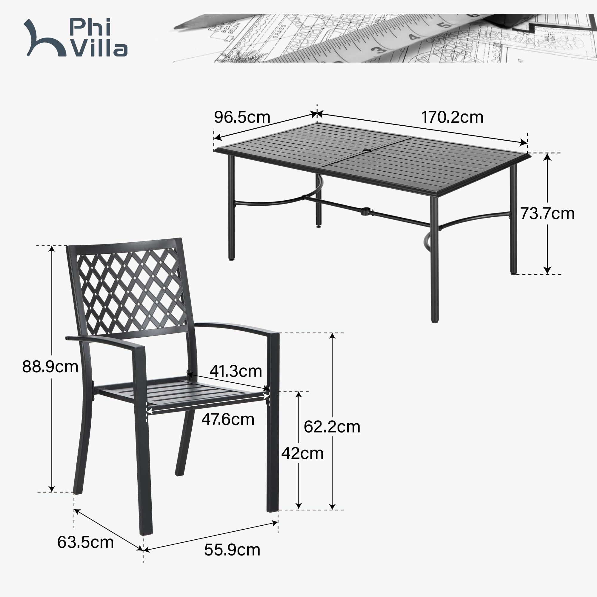 PHI VILLA Metall Gartenmöbel Set 6 stühle mit Tisch Wetterfest Schwarz | E-Beschichtung Rostfest Metall Sitzgruppe Outdoor, Stapelbare Stühle für Platz Sparen, 6 Personen, Terrasse, Veranda, Deck