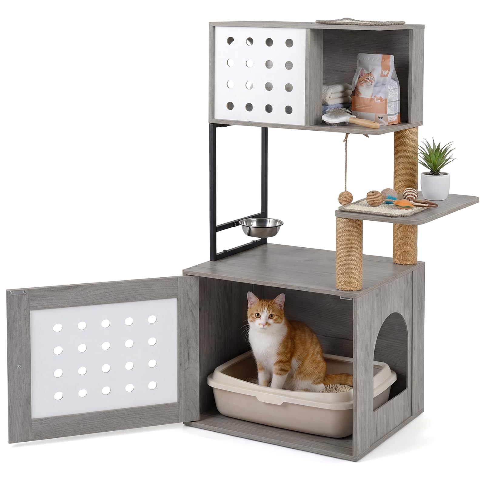 COSTWAY Cat Tree with Litter Box Enclosure (Grey)
