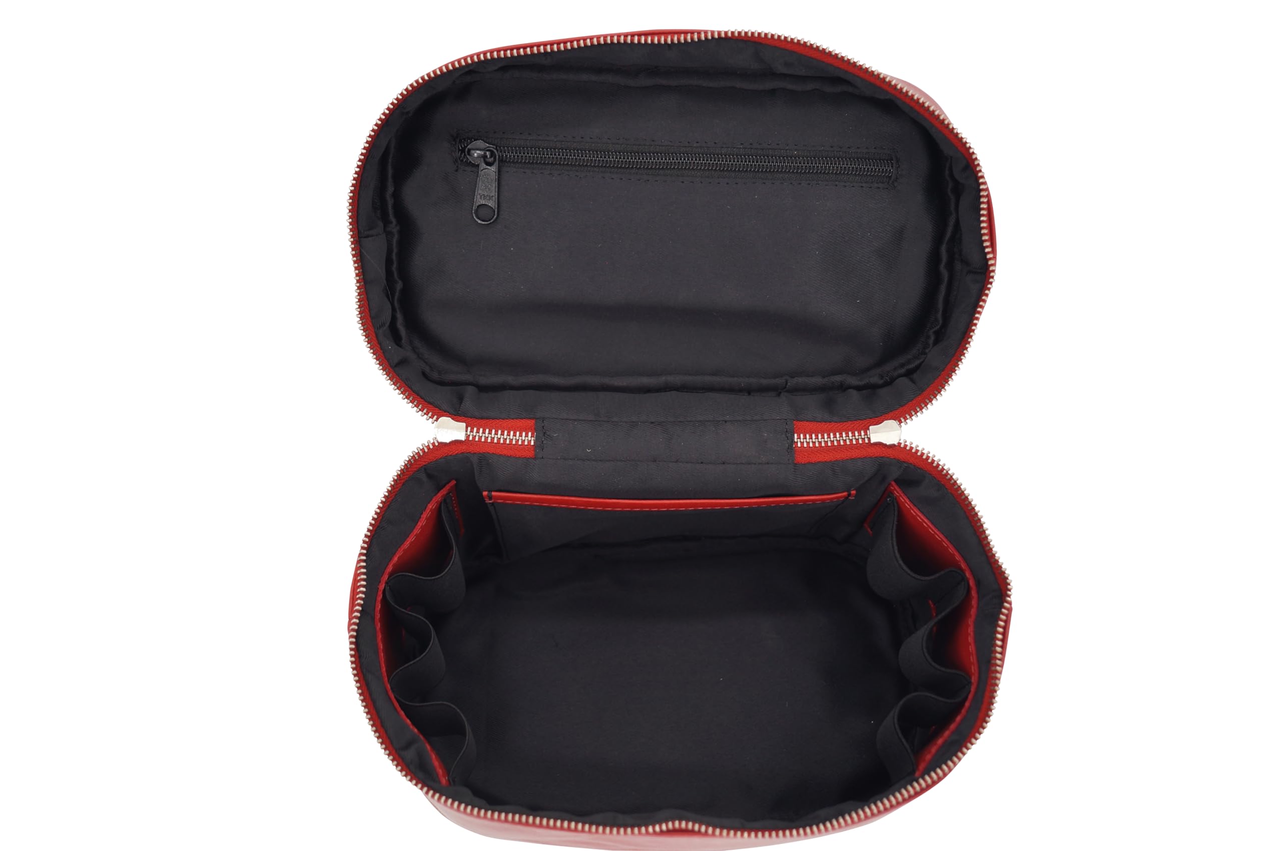 GERMANUS Handgemachte Kosmetiktasche Leonie, Kosmetikkoffer und Kulturtasche aus dickem Leder (Rot)