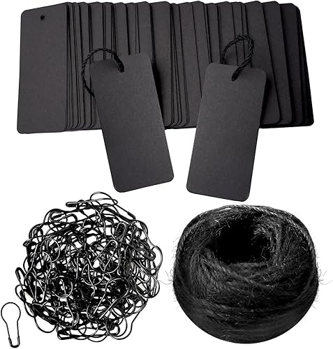 100 etiquetas de regalo con cuerda, etiquetas de precio negras, etiquetas de nombre en blanco con pasadores de seguridad para bolsas de regalo,