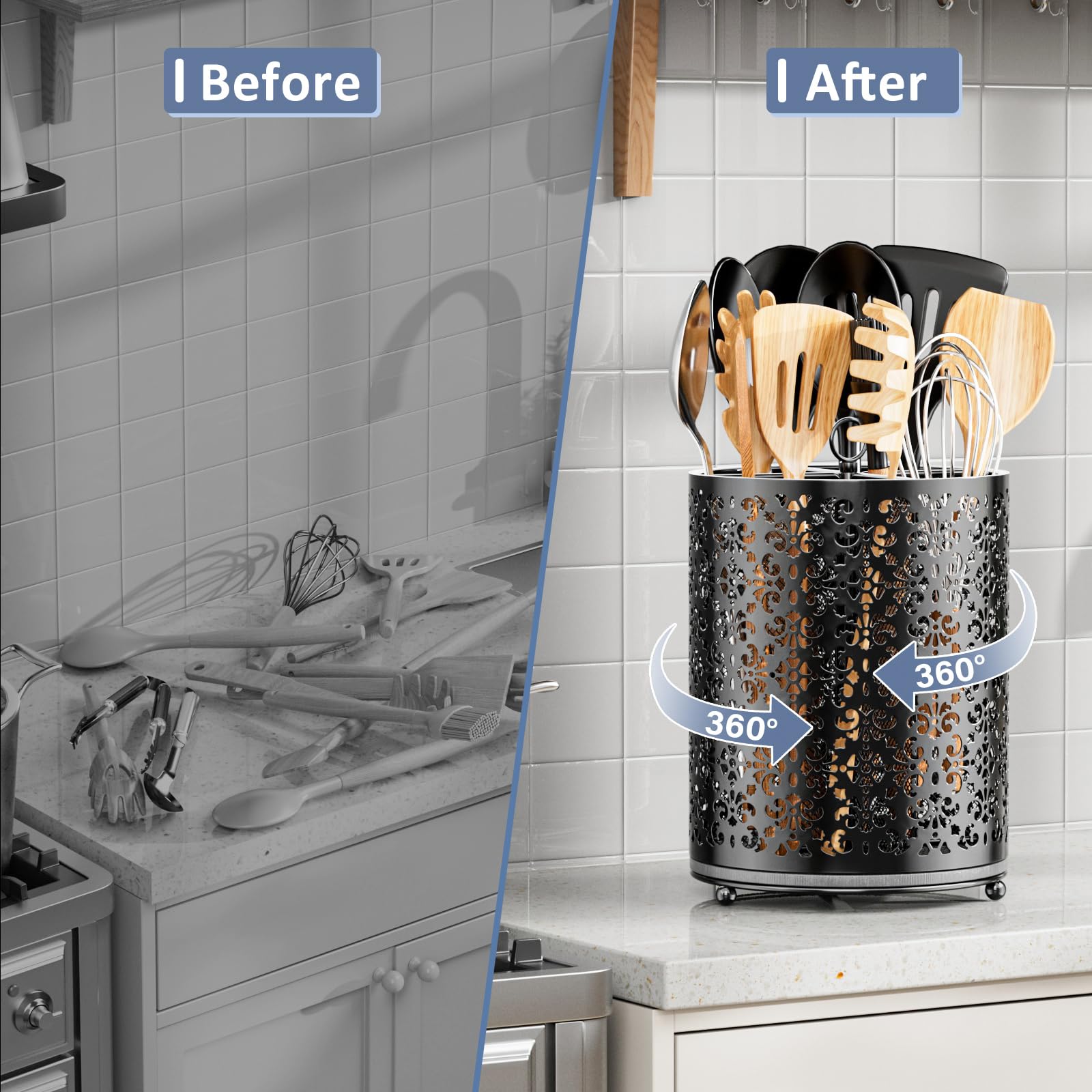 EKNITEY Instant-Dry Kitchen Utensil Holder - Large 360° Rotating Cutlery Basket - 4 Compartments Kitchen Utensil Storage - Spatula Storage Rack (Black)