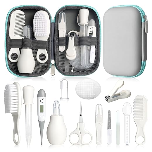 Baby Grooming Kit, Infant Safety Care Set with Hair Brush Comb Nail Clipper Nasal Aspirator,Baby Essentials Kit for Newborn Girls Boys (Grey White)