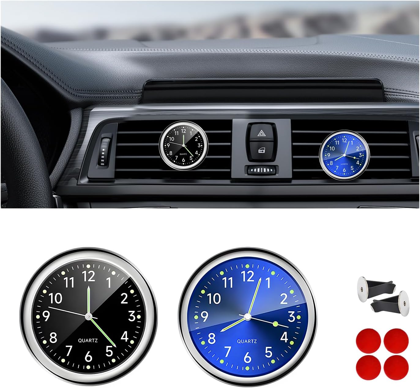 DXNQ 2PCS Stick on Dashboard Car Clock, Mini Luminous Analog Clock with Vent Clip & Adhesive Tape, Tiny Watch Pocket Clock Air Vent Dashboard Decor for Car Motorcycle Bike Home (Blue+Black)